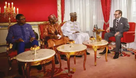 Rabat, 28 avril 2025. Le Roi Mohammed VI reçoit les trois ministres des Affaires étrangères de l'Alliance des Etats du Sahel