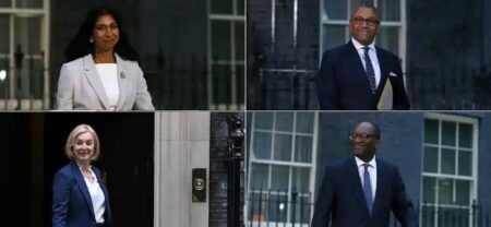 De gauche à droite : Suella Braverman, ministre de l’Intérieur ; James Cleverly, ministre des Affaires étrangères ; Liz Truss, Première ministre ; Kwasi Kwarteng, ministre de l’Économie et des Finances.