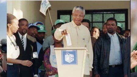 Les premières élections générales multiraciales sont tenues en avril 1994, et sont remportées par l’ANC (62,6% des voix). Nelson Mandela devient président de l’Afrique du Sud. Pendant son mandat, il s’attache à une réconciliation nationale après la très longue période d’apartheid pendant laquelle de trop nombreux crimes et exactions ont été commis.