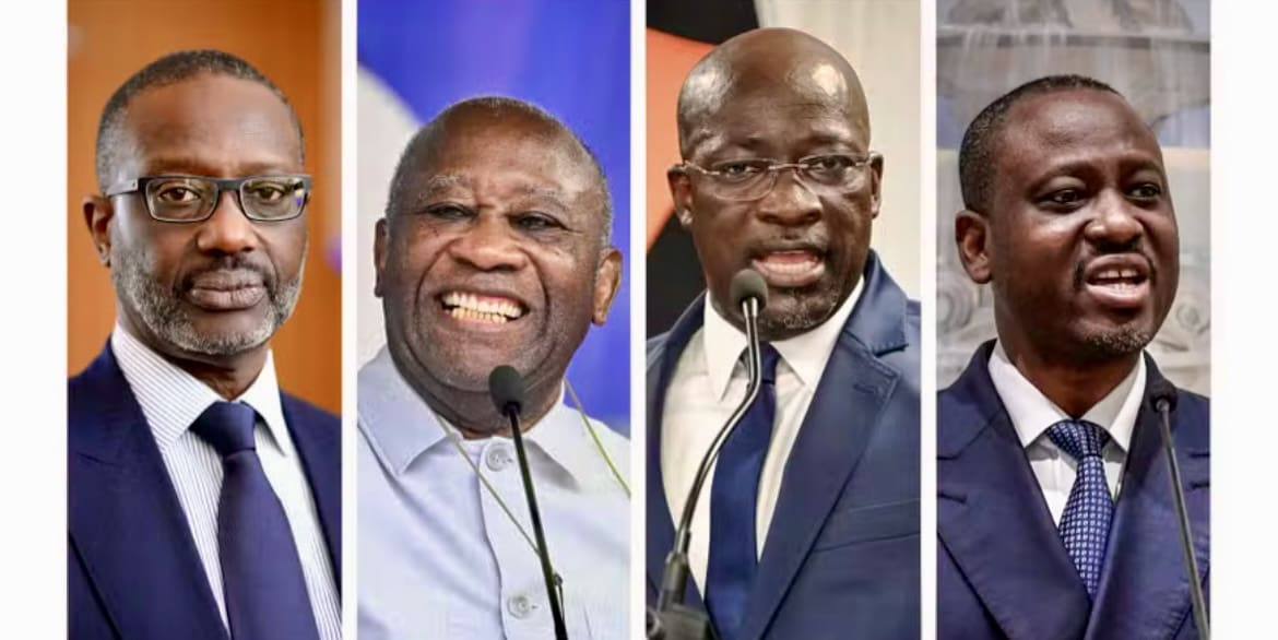 Côte d’Ivoire | Candidature a l’élection Presidentielle : quatre leaders de l’opposition définitivement hors course Tidjane Thiam, le président du Parti démocratique de Côte d’Ivoire (PDCI, principale formation d’opposition), a été radié de la liste électorale en avril, après qu’une décision de justice a relevé qu’il n’était pas de nationalité ivoirienne au moment de son inscription sur la liste. L’ex-président Laurent Gbagbo, son ancien bras droit Charles Blé Goudé et l’ancien premier ministre Guillaume Soro (en exil) sont quant à eux radiés de cette liste depuis plusieurs années en raison de condamnations judiciaires, et n’ont pas été réintégrés.